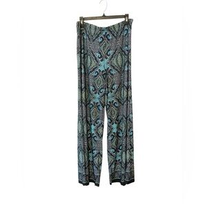 Live and Let Live Womens Teal and Black Paisley Wide Leg Pull On Stretchy Pants